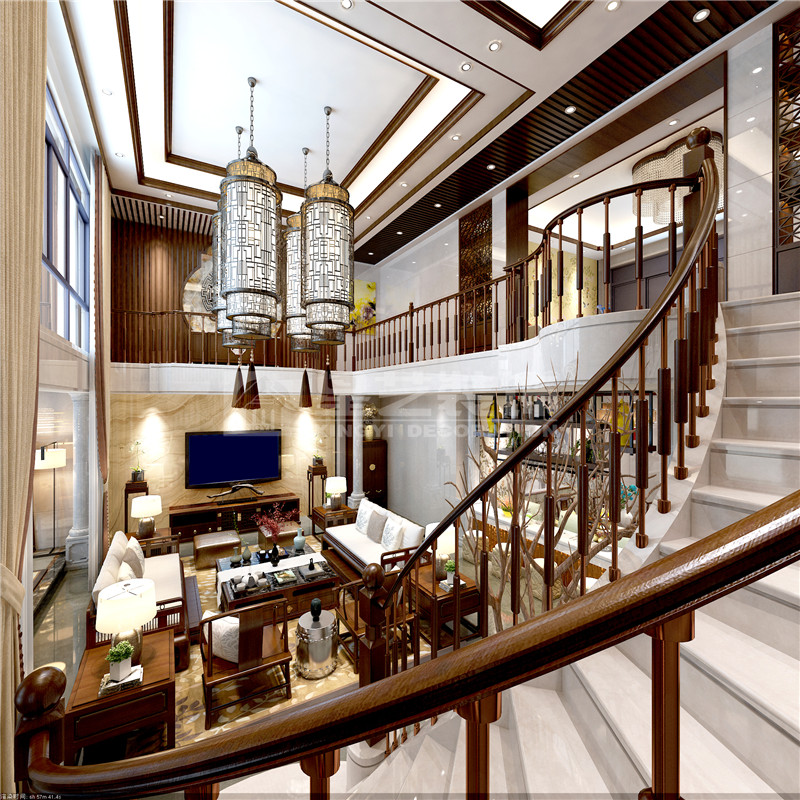 港龍小區(qū)300平新中式客廳裝修設(shè)計效果圖