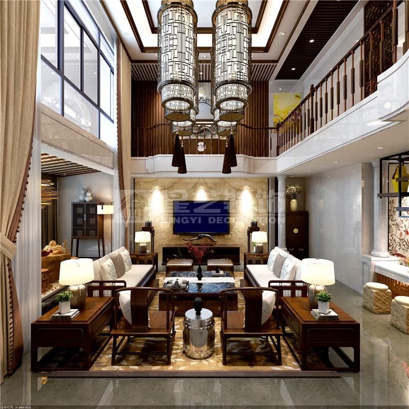 港龍小區(qū)300平新中式客廳裝修設(shè)計效果圖