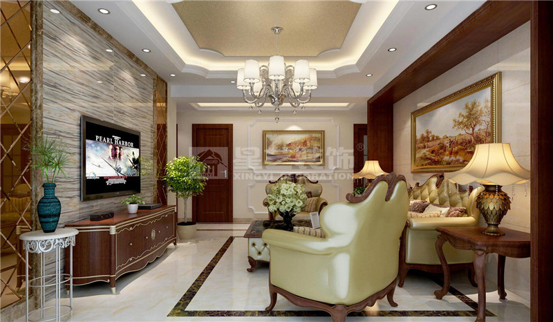 保利愛(ài)琴海105平美式風(fēng)格客廳裝修效果圖