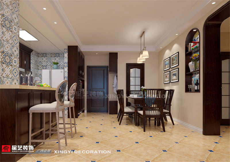 綠地中央廣場(chǎng)美式風(fēng)格128平餐廳裝修效果圖