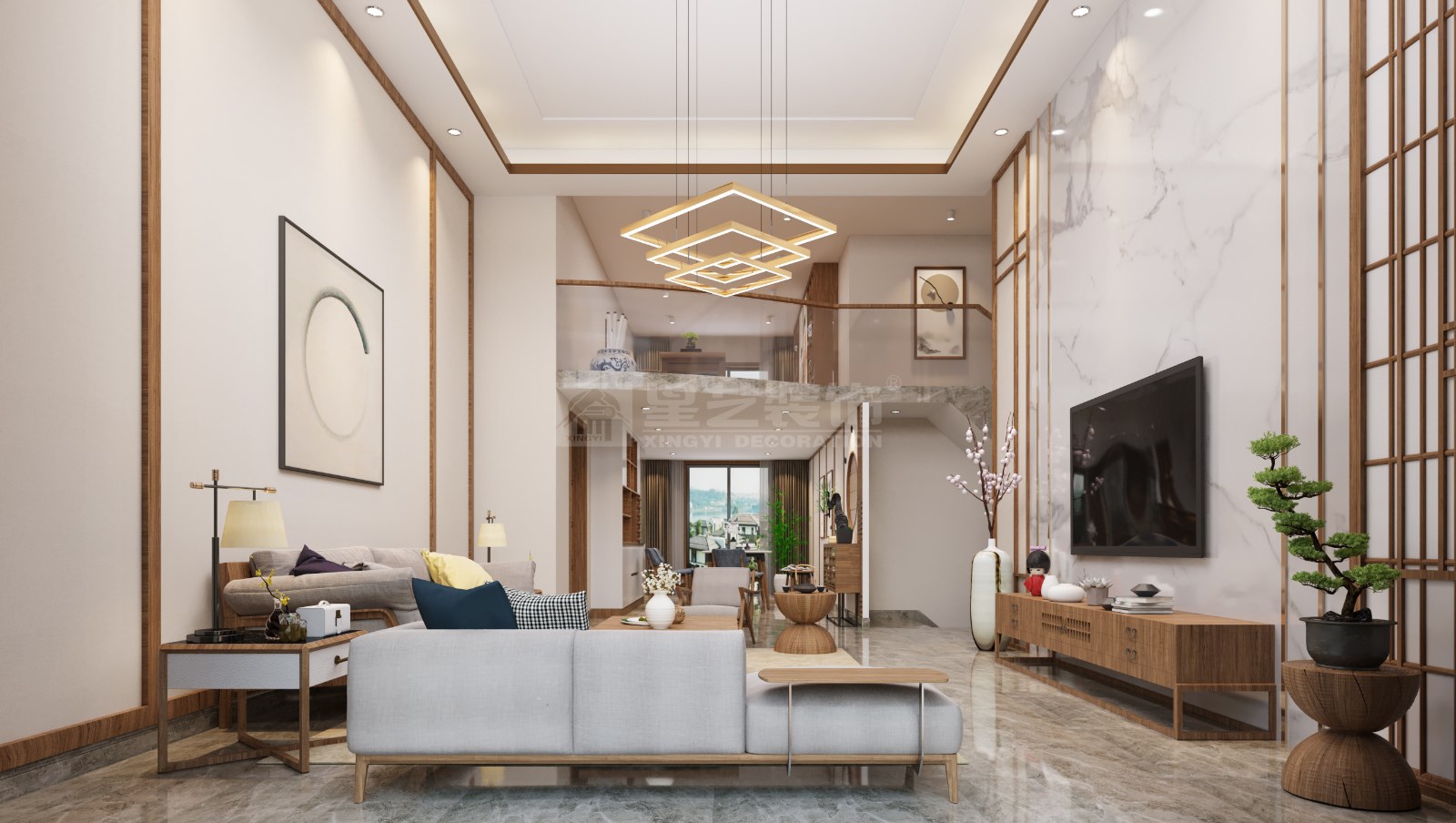 安吉山語(yǔ)城156平復(fù)式客廳裝修效果圖