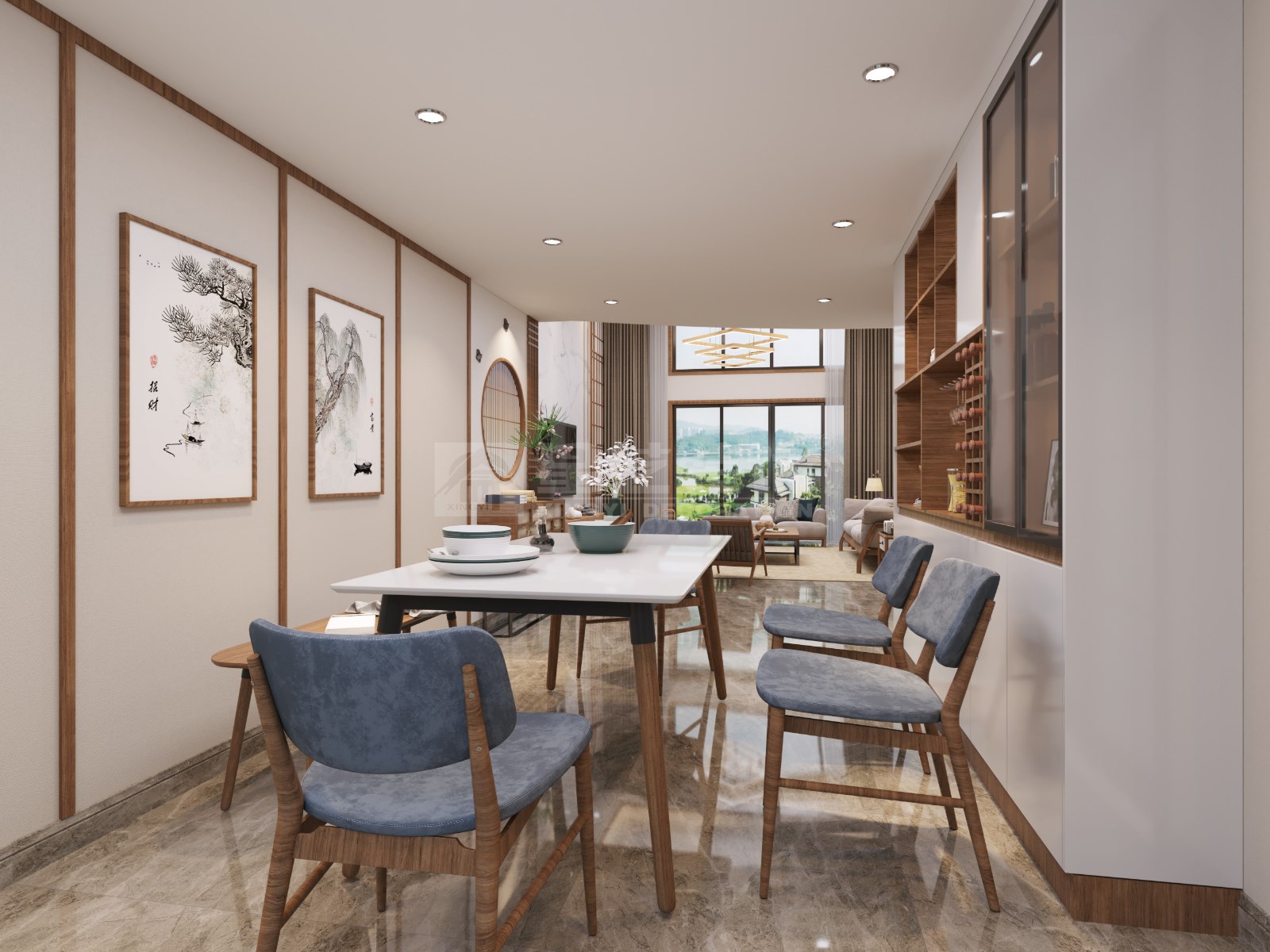 安吉山語(yǔ)城156平復(fù)式客廳裝修效果圖