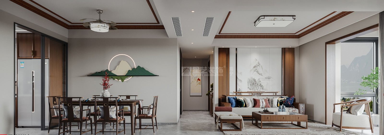 北投荷院120平新中式風格客餐廳裝修效果圖