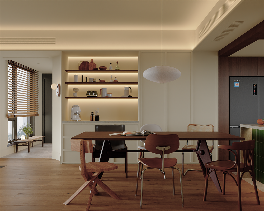 地礦大院130平中古風(fēng)客餐廳裝修效果圖