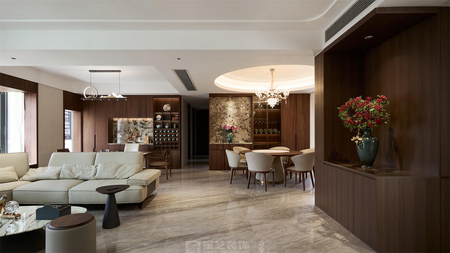 東方皇城260平簡(jiǎn)約中式客餐廳完工裝修實(shí)景圖